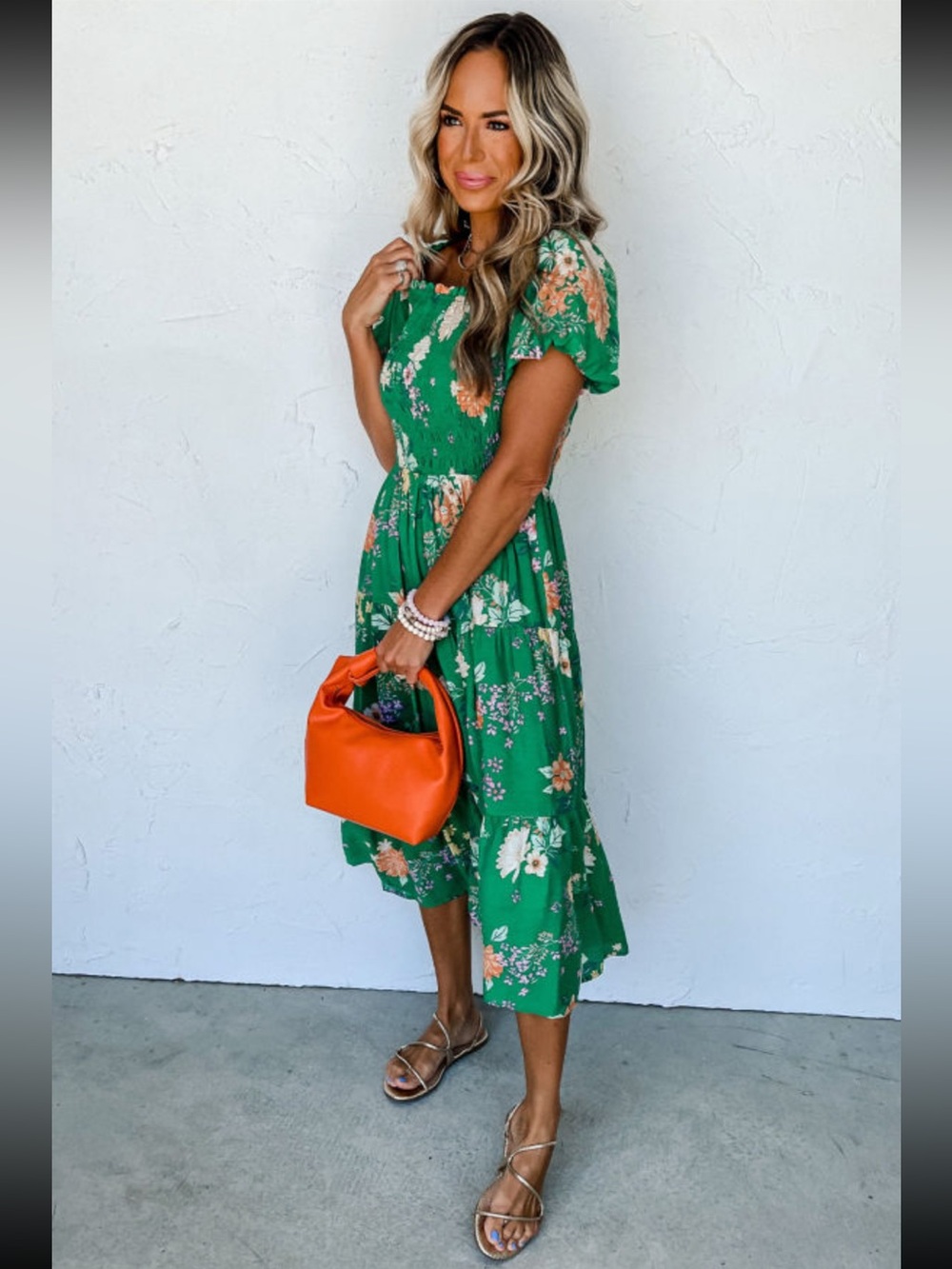 1253. Green Floral Print Smocked Bodice Puff Sleeve Midi Dress